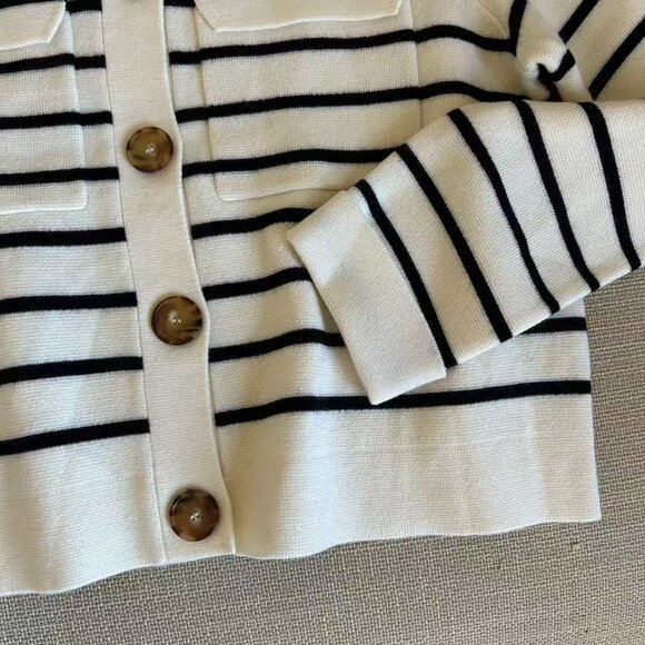 BEST Sezane Betty Cardigan XSmall Navy Ecru Striped French Wool Causal Classic - Picture 6 of 8